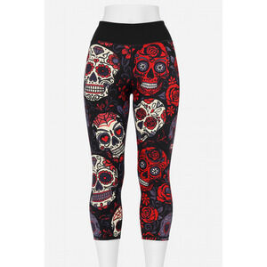 Constantly Varied Gear Women Sz XL Capri Leggings Sugar Skulls Black/Red Print